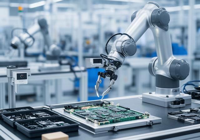Kollaborativer Roboter bei der Präzisionsmontage in einer Schweizer Elektronikfertigung mit KI-Bildverarbeitung